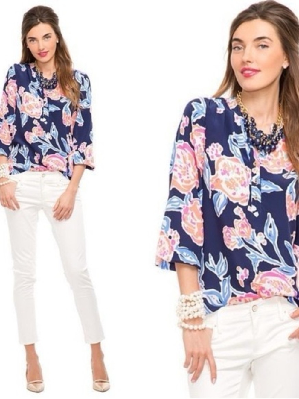 Lilly Pulitzer 100% Silk Blouse Floral Bright Pom Pom Tropical Resort Size XS